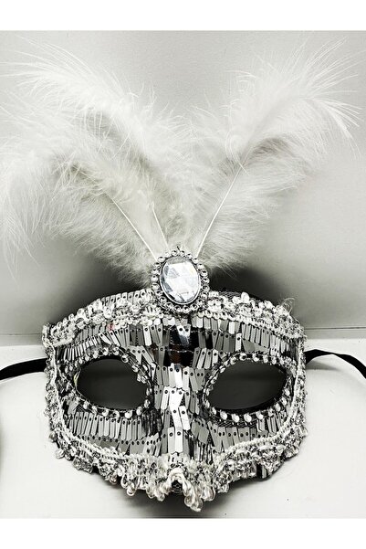 Skygo Silver Color Sequined Sequin Feather Party Mask 17X20 cm
