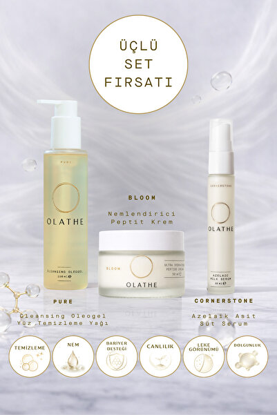 OLATHE Set: Arındırıcı Temizleme Yağı, Akne Karşıtı Süt Serum ve Peptitli Ayd...