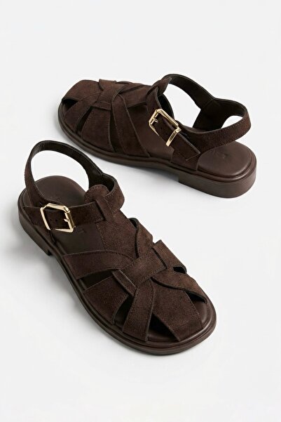 simplicity Γυναικεία πέδιλα καφέ σουέντ με δικτυωτό σχέδιο