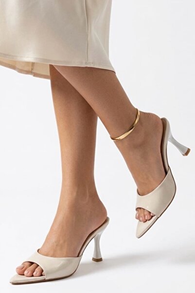 simplicity Γυναικείες μπεζ πτυχωτές δερμάτινες παντόφλες με ψηλό τακούνι - Κο...