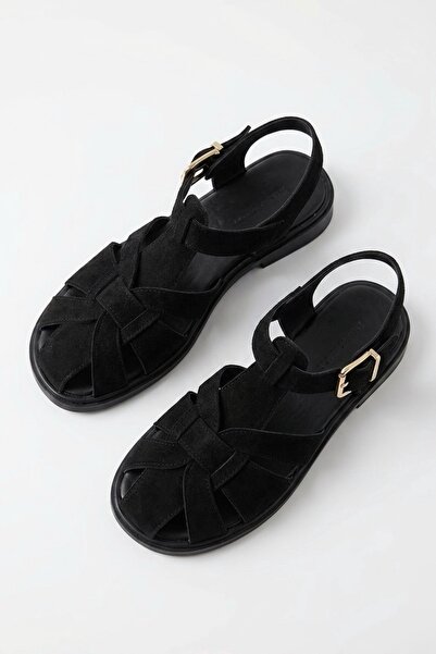 simplicity Γυναικεία μαύρα σουέτ πέδιλα με καφασωτό σχέδιο