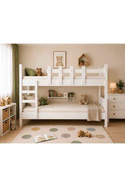Aktehome Montessori Çift Katlı Ranza 90x190 cm İkiye Ayrılabilir %100 MDF Beyaz