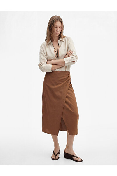 Koton Διπλόπλευρη μίντι λινή φούστα με ασύμμετρο σκίσιμο και λεπτομέρεια σε σ...