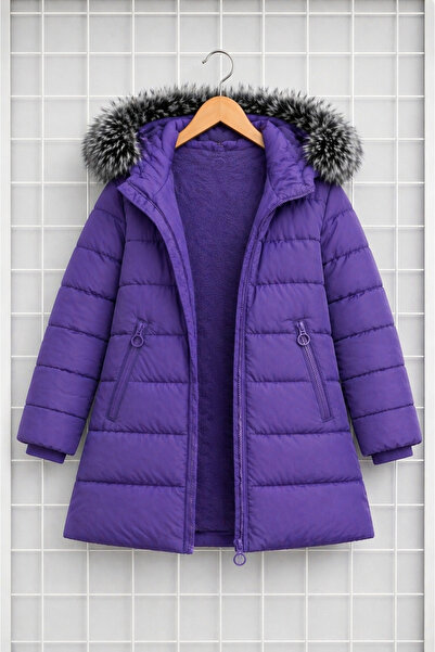 REGOS Girl's Purple Puffer Coat Hooded Fur Winter Long Model