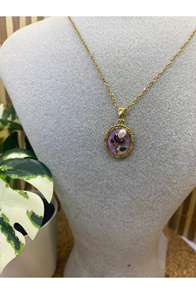 eiboutiqueofficial Mor Vintage Lale Tablo Kolye (Mineli Sanat 18)