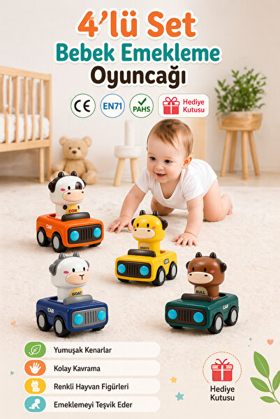BBSKY 4'lü set Pilsiz Bas-Git Hayvan Araba Sevimli Eğitici Bebek Oyuncağı Eme...