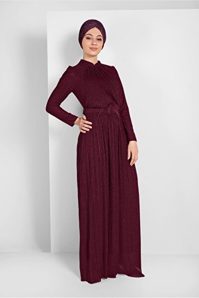 TRENDTESETTÜR KADIN BORDO SİMLİ PİLİSELİ ABİYE ELBİSE 2810