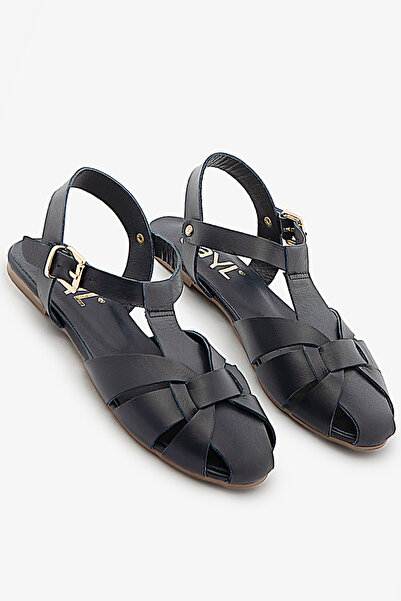 SAYL Γυναικεία πέδιλα με λουράκια από γνήσιο δέρμα σε μπλε ναυτικό χρώμα