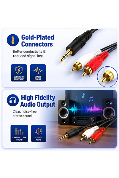 Generic كابل صوتي ستيريو 3.5 ملم ذكر إلى 2 RCA ذكر - كابل محول AUX إلى RCA عالي الجودة بطول 1.5 متر