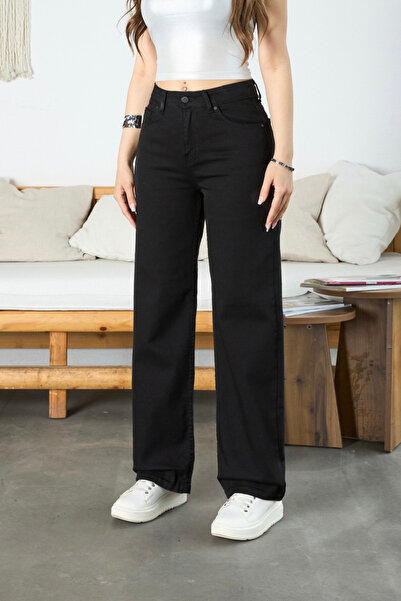 BİKELİFE Γυναικείο μαύρο ψηλόμεσο τζιν με φαρδύ πόδι