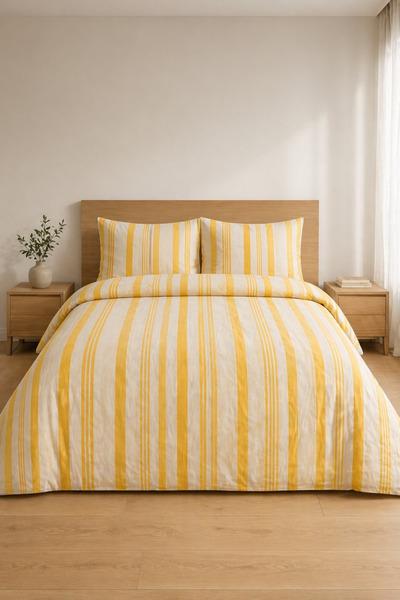 Shopyteks Κίτρινο ριγέ σετ διπλού κρεβατιού 200x220 με ελαστικό σεντόνι