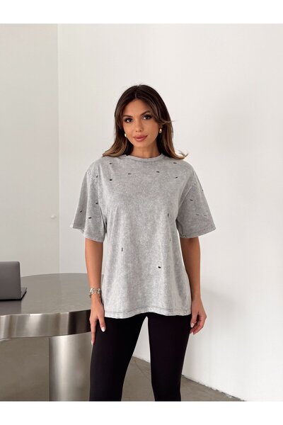 mydukkan.co Delikli Yıkama T-shirt - Gri