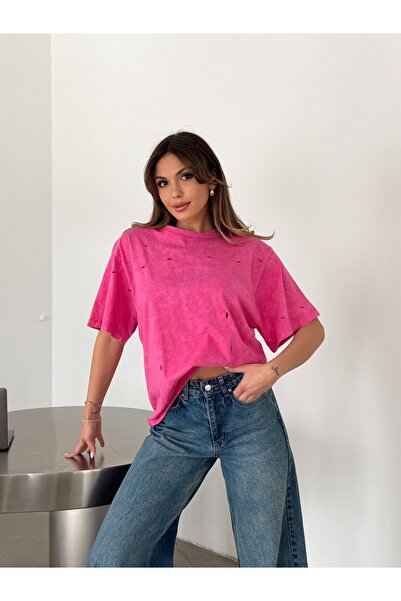 mydukkan.co Delikli Yıkama T-shirt - Pembe