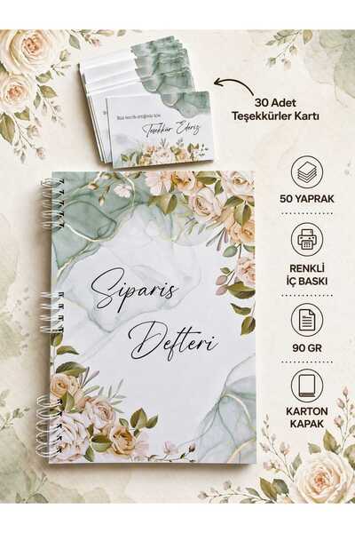 ETİKETİM Sipariş Defteri Yeşil Çiçekli 50 yp ve 30 Not Kartı