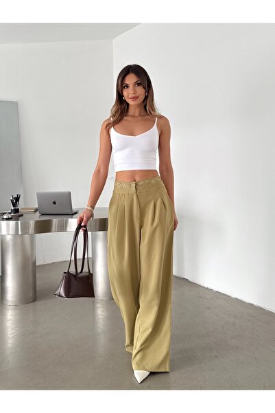 mydukkan.co Lace Detailed Palazzo Trousers - Oil Green