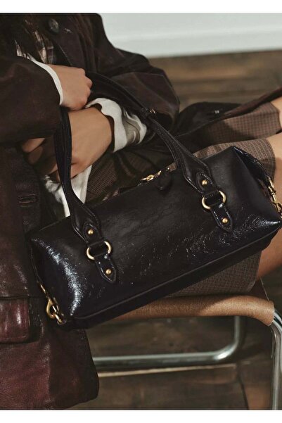 Madamra Μαύρη γυναικεία τσάντα ώμου Κομψή τσάντα χειρός κυλινδρικού σχήματος ...