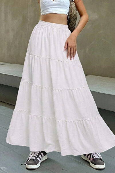 COMBİNE MİCHAİL Γυναικεία ελαστική πολυεπίπεδη λευκή μακριά φούστα