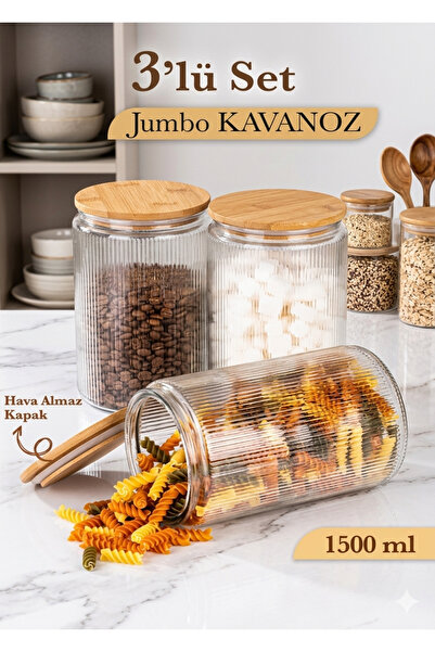 naturelove Set of 3 Glass Jars – Bamboo Vacuum Lid Large Size Striped Food Fl...