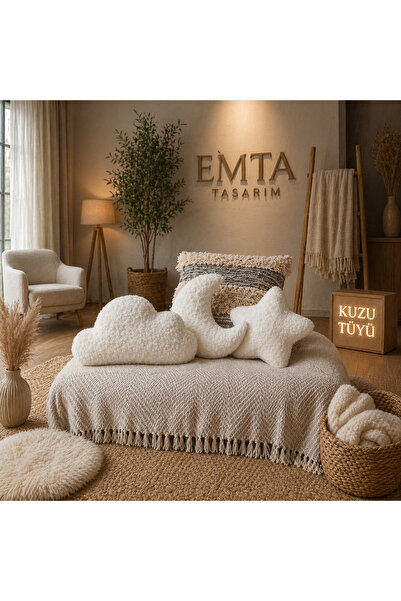 emta tasarım bulut ay yıldız 3 lü set welsoft peluş kuzu tüyü yastık dekorati...
