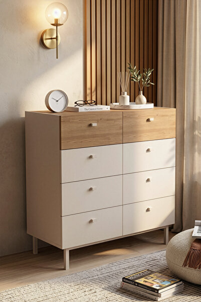 Yurudesign Luke Geniş Şifonyer 8 Çekmeceli Ahşap Ayaklı Kumsal-Sepet LK7-CS