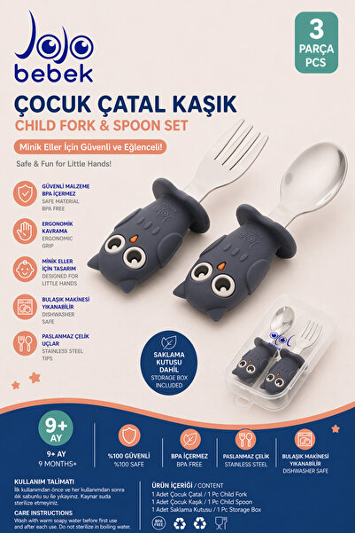 jojobebek Lacivert Baykuş Premium Çocuk BPA Free Silikon Saplı Paslanmaz Çeli...