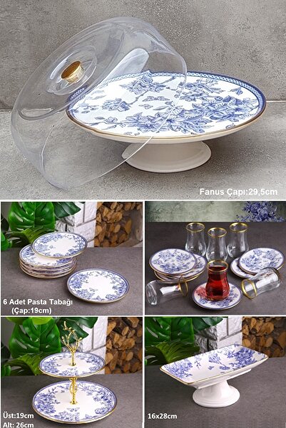 Pinkev Butterfly 22 Parça Çay Bardaklı Pasta Sunum Tabağı Seti