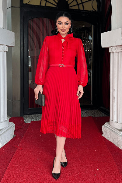 giyimmasalı Φόρεμα μίντι από δαντελένιο ύφασμα με λεπτομέρεια πιέτας - ΚΟΚΚΙΝΟ