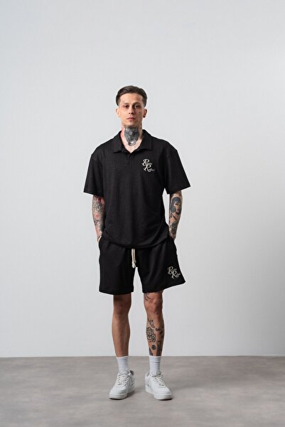 Respire Men's Relined Written Regular Fit T-Shirt Shorts Set Black