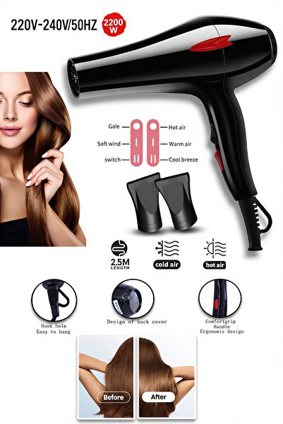 Denx Professional Hair Dryer, 2200W High Power, 2 Concentrator Nozzles, Hot &...