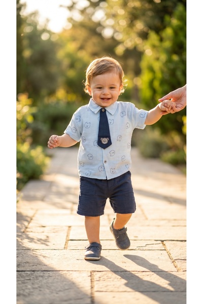 Sabi Baby Boy Muslin Bear Printed Shirt Tie Shorts Two-Piece Set