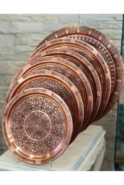 Bakır Concept Copper Tray with Embossed Design Model Matte Copper Color 36 cm
