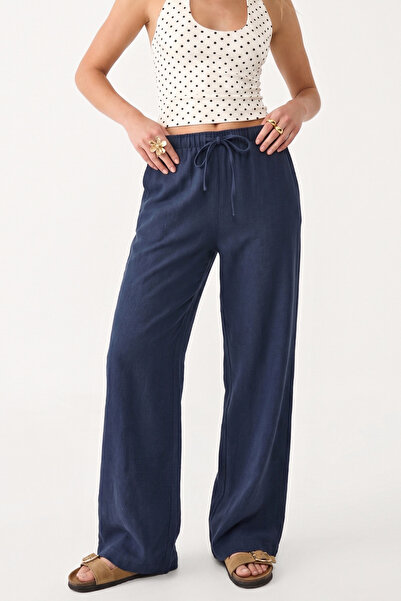 VODENS Λινάρι μεικτό παντελόνι σε φαρδιά εφαρμογή Navy Blue