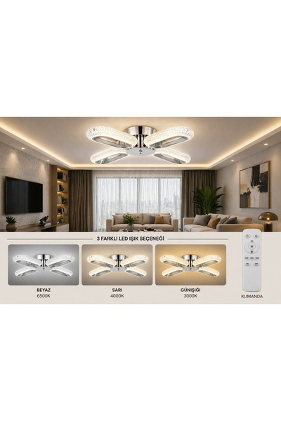 Marsel Lighting serra 4lu krom LED SALON OTURMA ODASI AVİZE 3 RENK LED ISIKLIDIR