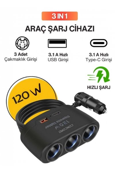 jetucuzal 120W 3 Port Çakmaklık 1 Usb ve Type-C Araç içi Çoklayıcı Hub