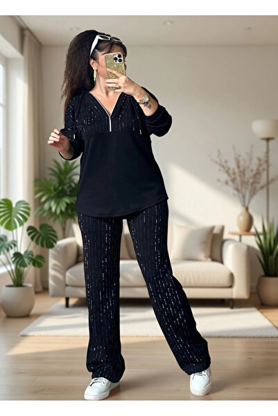 AZRA BUTİK Σετ με κουκούλα και πέτρες μαύρο μεγάλο μέγεθος