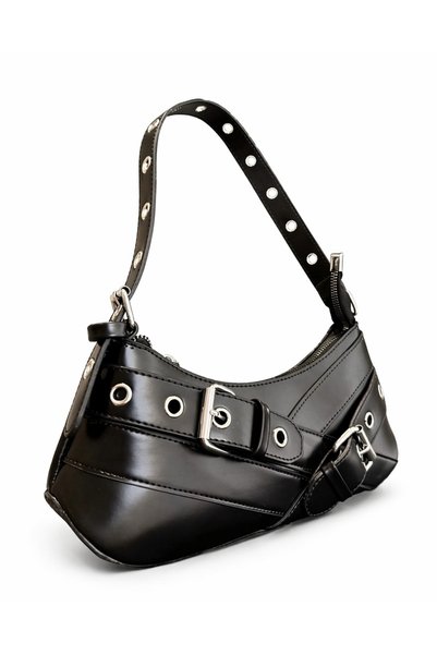 SHIKIRTI BAG STORE حقيبة كتف نسائية بحزام متقاطع مزدوج باللون الأسود مع تفاصيل مشبك (29 سم * 13 سم)