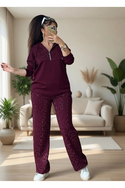 AZRA BUTİK Hooded Stone-Embellished Set Burgundy Plus Size