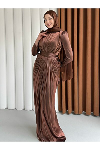 Modaensarbutik Aura Luxe Tesettür Abiye-KAHVERENGİ