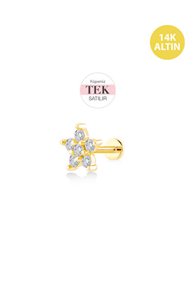 KURSHUNI Çiçek (2mm Taşlı Tırnaklı), 14 Ayar Altın Kıkırdak Küpe/Piercing (TE...