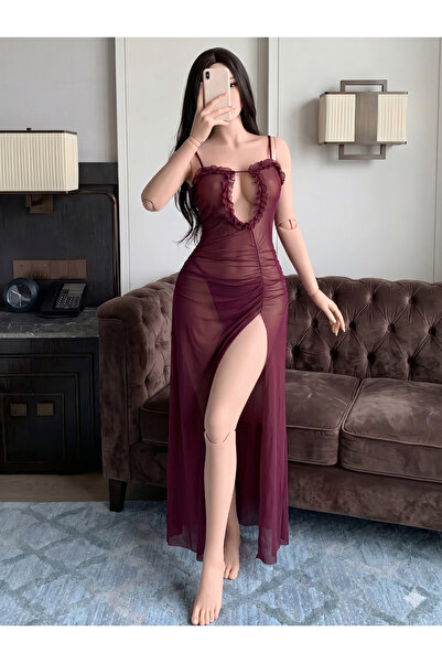 Best Dream Βουργουνδί χρώματος νυχτικό με βαθύ σκίσιμο και λεπτομερή λεπτομέρ...