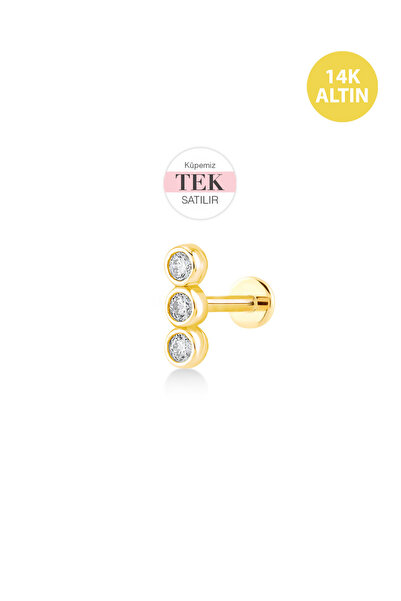 KURSHUNI Simit Taş Line (3x2mm), 14 Ayar Altın Kıkırdak Küpe/Piercing (TEK Sa...