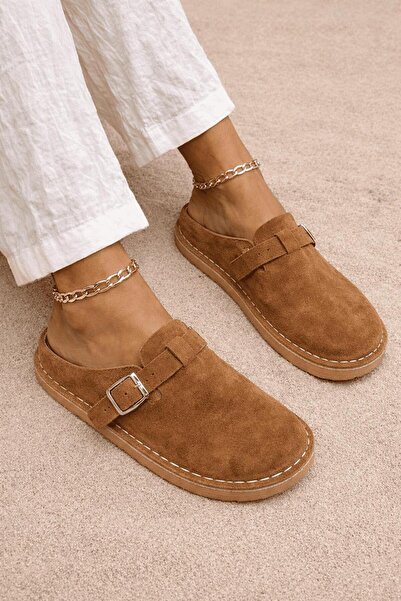 Bambi Γυναικείες παντόφλες Tan από γνήσιο δέρμα K04608401902