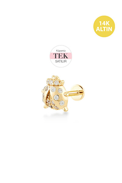 KURSHUNI Taşlı Uğur Böceği, 14 Ayar Altın Kıkırdak Küpe/Piercing (TEK Satılır...