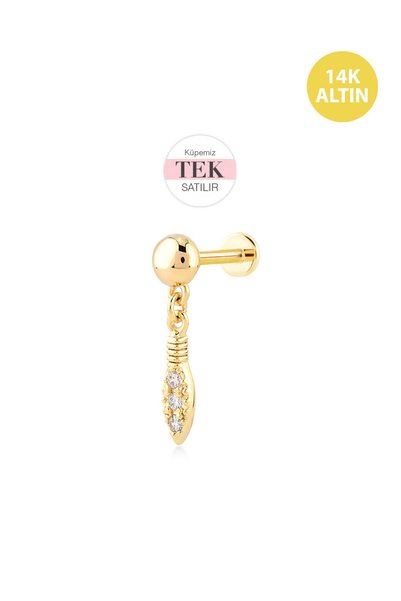 KURSHUNI Top Mini Tüy Sallantılı, 14 Ayar Altın Kıkırdak Küpe/Piercing (TEK S...