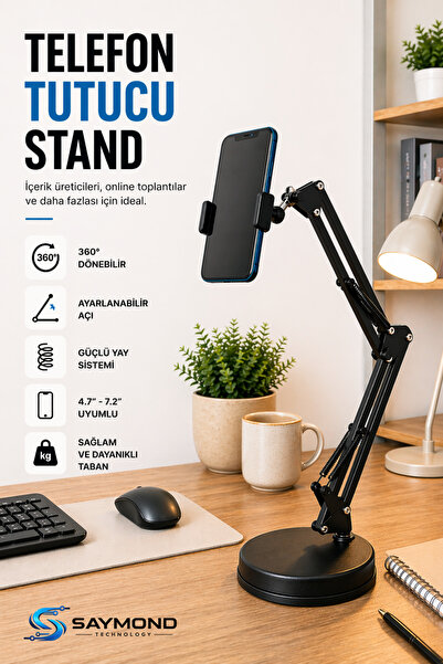 SAYMOND Masa Üstü Telefon Standı 360' Dönebilen Başlık Esnek Kol Universal Ka...