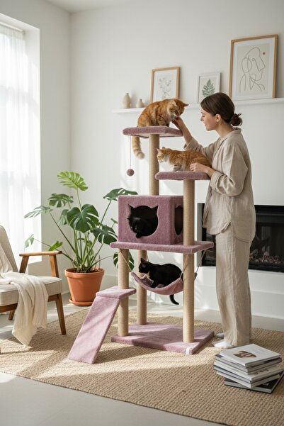 Nursoft S9 Kedi Tırmalama Ve Oyun Evi Gül Kurusu