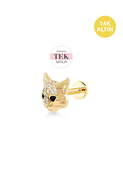 KURSHUNI Taşlı Kedi, 14 Ayar Altın Kıkırdak Küpe/Piercing (TEK Satılır) Bar U...