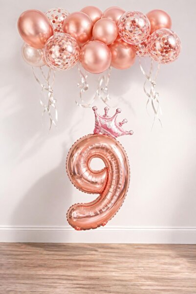 Patladı Gitti 9 Rakam Rose Gold Folyo Balon, Kral Tacı Ve Konfetili Rose Gold...
