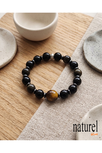 Naturel Tılsım سوار من حجر الأوبسيديان الأصلي بتصميم عين النمر مقاس 10 ملم