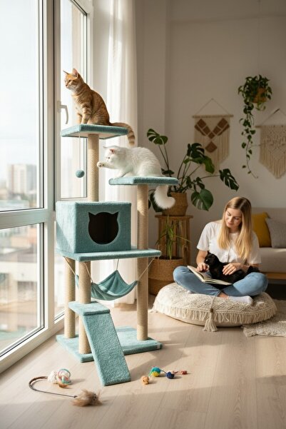 Nursoft S9 Kedi Tırmalama Ve Oyun Evi- Turkuaz